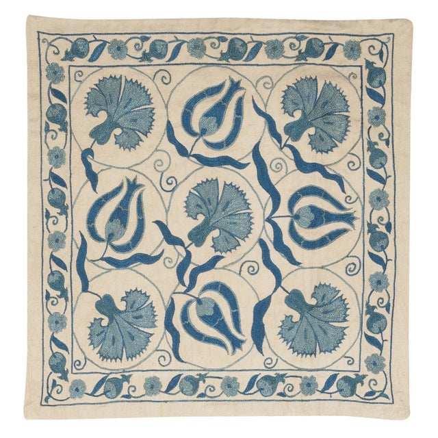 21"x20" 100% Silk Embroidered Pillow Cover. Blue Accent Pillow. Cushion Cover For Sale