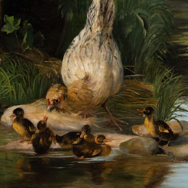 Early 20th Century 20th C. Orig. Oil on Canvas Painting of Hen & Ducklings at Pond by A. Mackeprang For Sale - Image 5 of 9