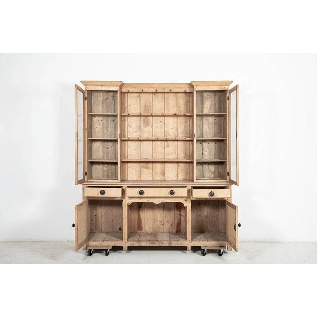 Antique circa 1870 large 19thc english glazed inverted breakfront pine dresser (2 piece) measures: w182 x d44 x h205cm...