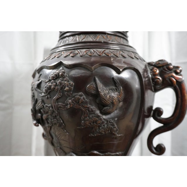 Monumental Japanese Patinated Bronze Crane Floor Vase With Shishi Lion Handles | Meiji Style For Sale - Image 10 of 12