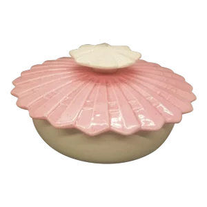 Vintage California Pottery MCM Covered Candy Dish Pink and Ivory Fan Top