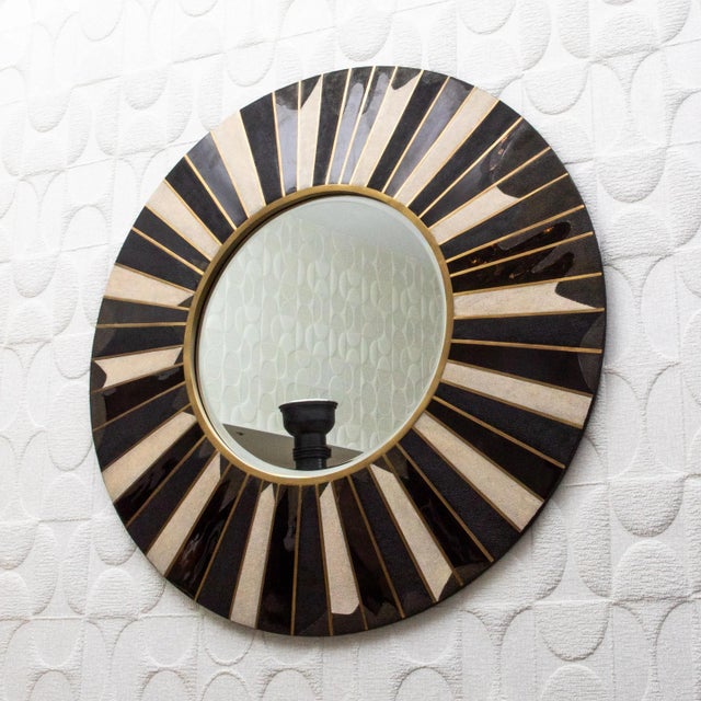 R & Y Augousti Modern Mirror With Shagreen, Shell and Bronze Patina Brass Details by R&y Augousti For Sale - Image 4 of 6