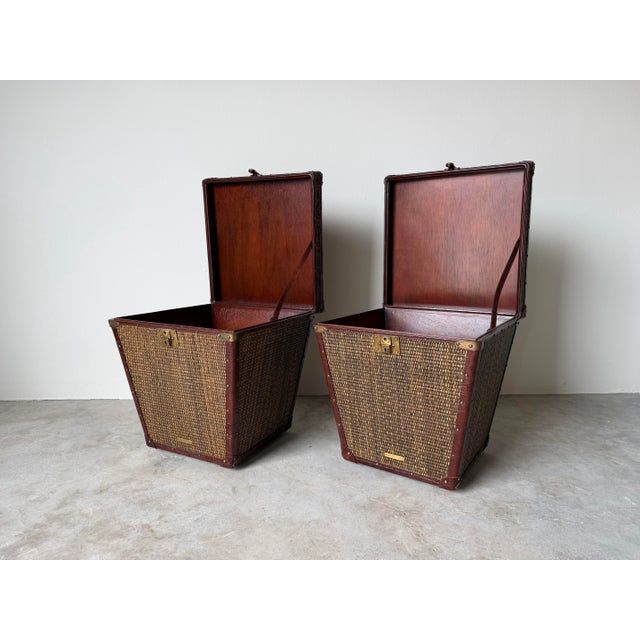 Campaign Baker Milling Road Campaign-Style Rattan & Leather Trunk Side Tables — A Pair For Sale - Image 3 of 12