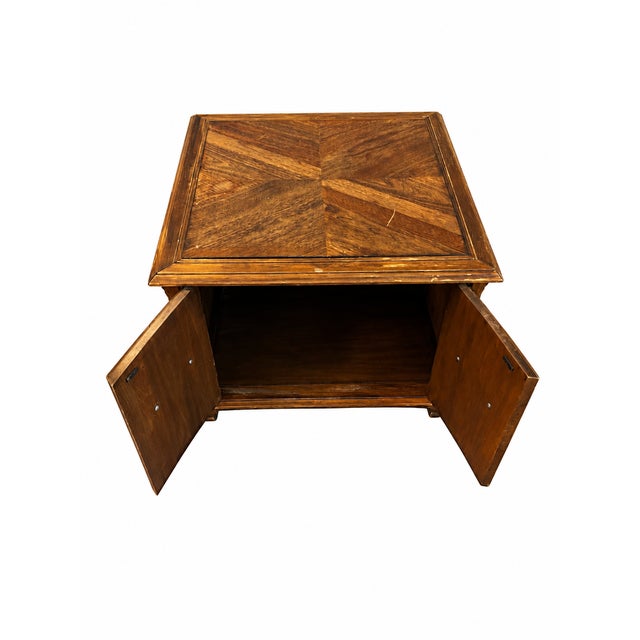 Spanish Revival Vintage Spanish Revival Cane-Panel Storage End Table With Geometric Figured Top For Sale - Image 3 of 10
