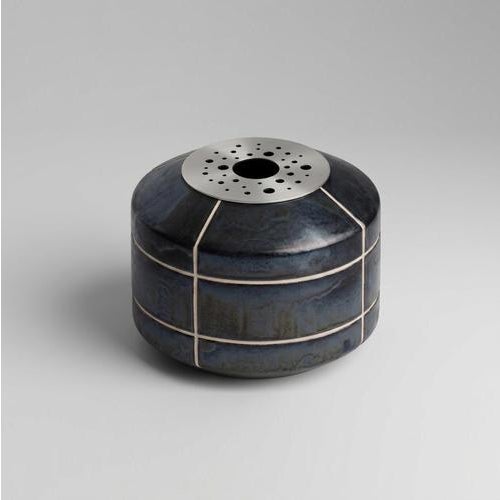 Navazi decoration vase in scorched coal ceramic & stainless steel by svitanok one of a kind. Dimensions: ø 30 x h 23 cm....