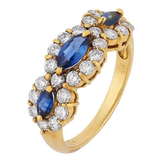 Vintage Sapphire Diamond 18k Yellow Gold Ring, Size 7 For Sale