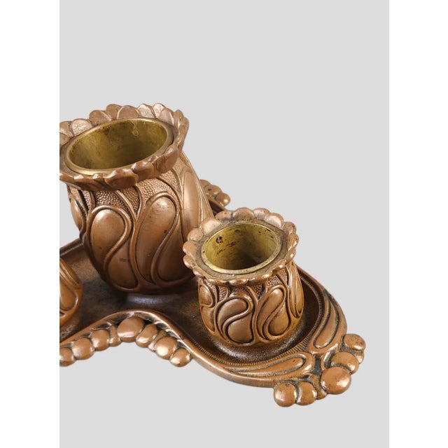 Art Nouveau Early 20th Century Ornate Bronze Art Nouveau Desk Smoke Stand Match Cigar Trinket Holder - 4 Piece Set For Sale - Image 3 of 11