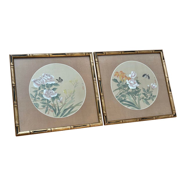 Vintage Framed Asian Botanic and Butterfly Original Gouache Watercolor Paintings, a Pair For Sale