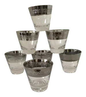 Mid-Century Culver-Style Silver Band Bar Rock Glasses- Set of 7