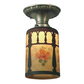 Flush-Mount Ceiling Light, Ca. 1920, Configured Shade With Floral Design, Arts & Crafts For Sale
