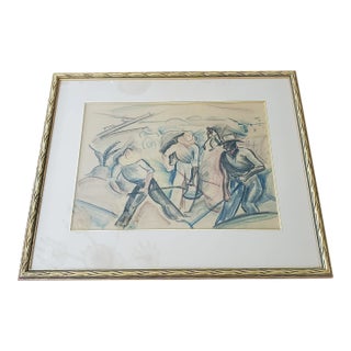 1950s Mid Century Modern Painting of Field Workers Gallery Frame For Sale