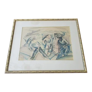 1950s Mid Century Modern Painting of Field Workers Gallery Frame