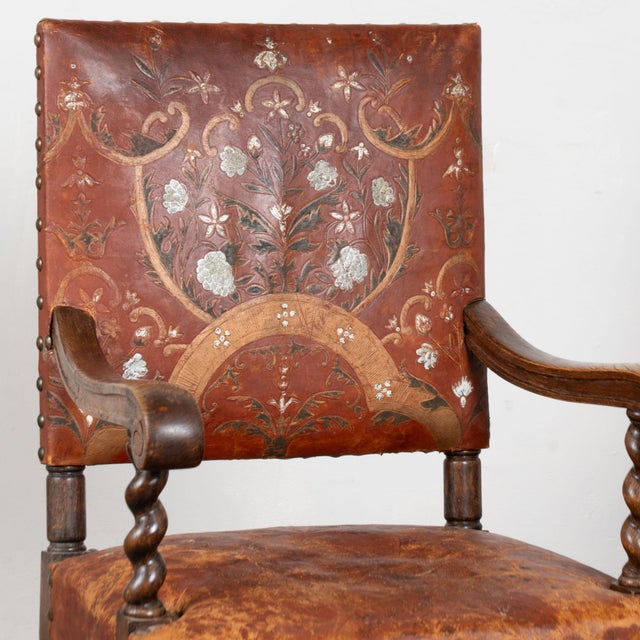 Pair of 19th Century Painted and Embossed Leather Armchairs For Sale - Image 4 of 13