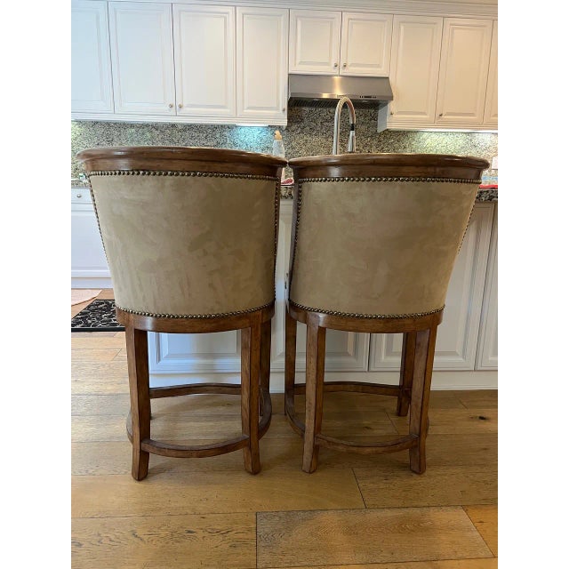 Brown Bar Stools, Kreiss With Nail Heads and Suede Fabric- Set of 2 For Sale - Image 8 of 9