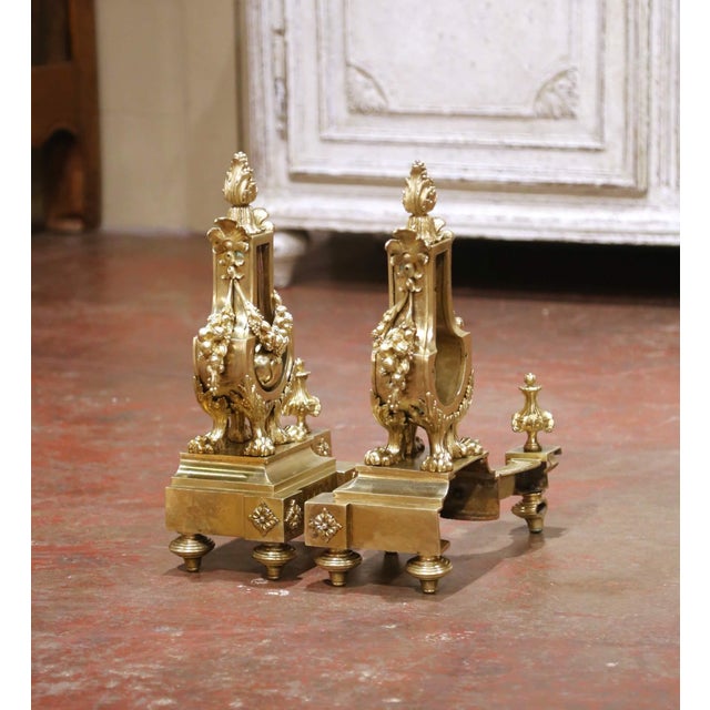 Pair of 19th Century French Louis XVI Bronze Lyre Form Chenets Andirons For Sale - Image 9 of 10