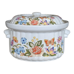 Vintage "Cottage Garden" Butterfly and Floral Round Covered Casserole Dish