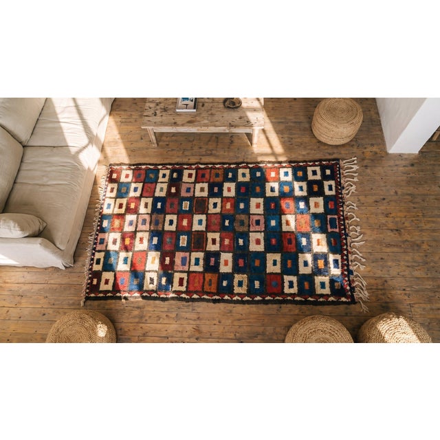 Blue 1920s Multicolor Checks Tribal Antique S. Persian Gabbeh Rug ( 3'9" X 6'1 Handknotted Wool Carpet For Sale - Image 8 of 9
