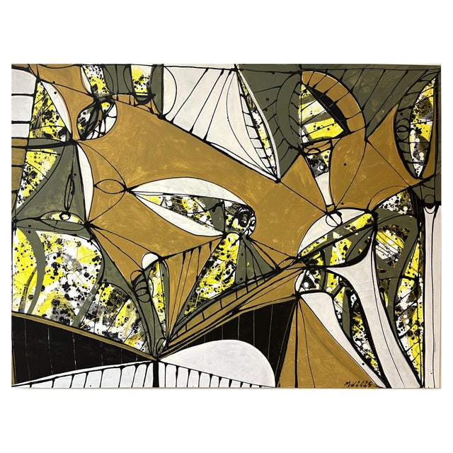This large-format painting depicts figures and structures reminiscent of a seesaw. The composition is defined by vibrant...