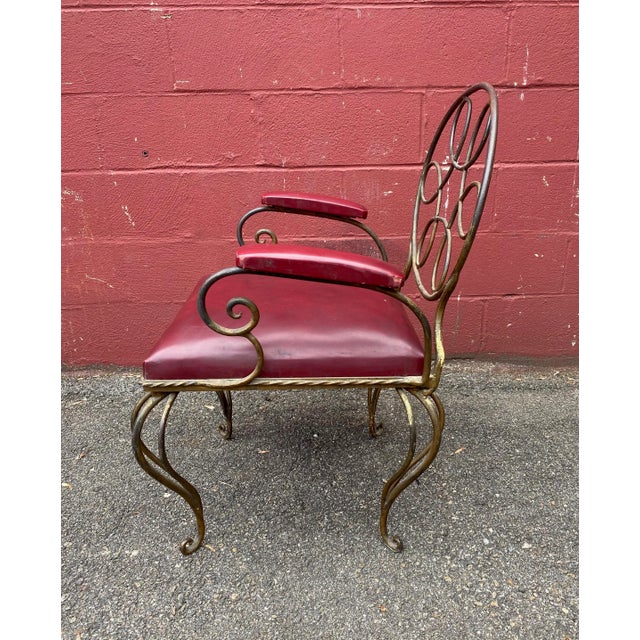 Ornate Wrought Iron Armchair in Oxblood Red Vinyl For Sale - Image 4 of 12