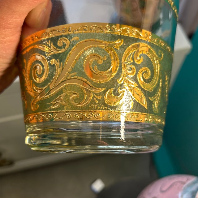 1960s 1960s Culver LTD Green Glass and Applied Gold Cocktail Service Highballs and Ice Bucket - 9 Pieces Signed For Sale - Image 5 of 9
