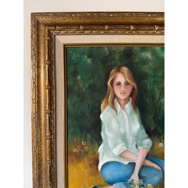 Textile 1970s Vintage E. Weight Portrait of a Girl in Landscape Oil on Canvas Painting, Framed For Sale - Image 7 of 12