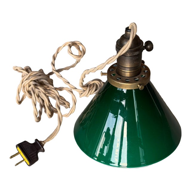 Vintage Green Glass Pendant Light With Brass Socket For Sale