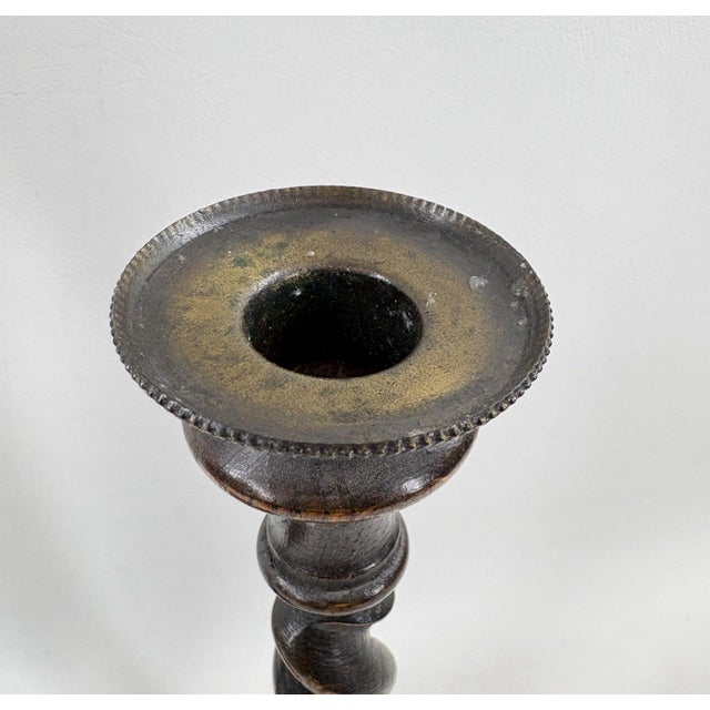 Pair of Antique English Oak Barley Twist Candlesticks with Brass Inserts, 12.5" Add a touch of timeless British character...
