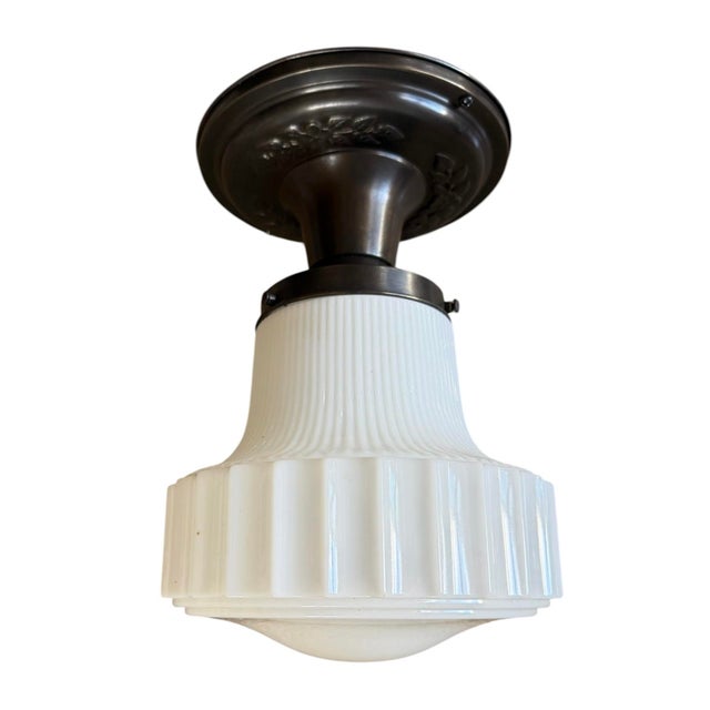 White 1920s Ribbed School House Style Light Fixture With Embossed Canopy For Sale - Image 8 of 9