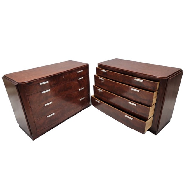 Vintage Art Deco Style Flame Mahogany Chests of Drawers by Ralph Lauren - Pair Offering a pair of exquisite, classic and...