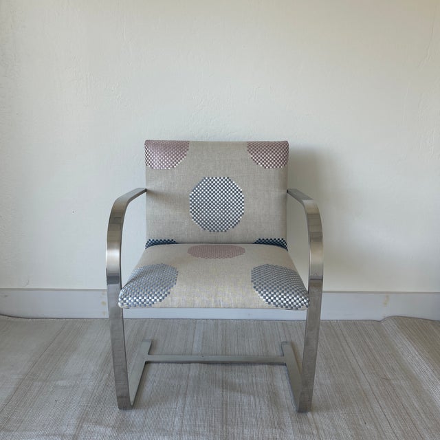 Chrome plated steel framed flat bar chair reimagined by Cusp Interiors in Schumacher Hansen Embroidery in Blue and Lilac...