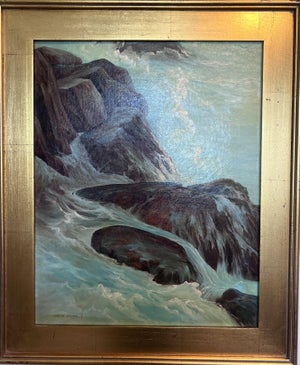 Late 20th Century Carolyn Staves Original Oil Painting Mountain River Landscape Framed, Seascape