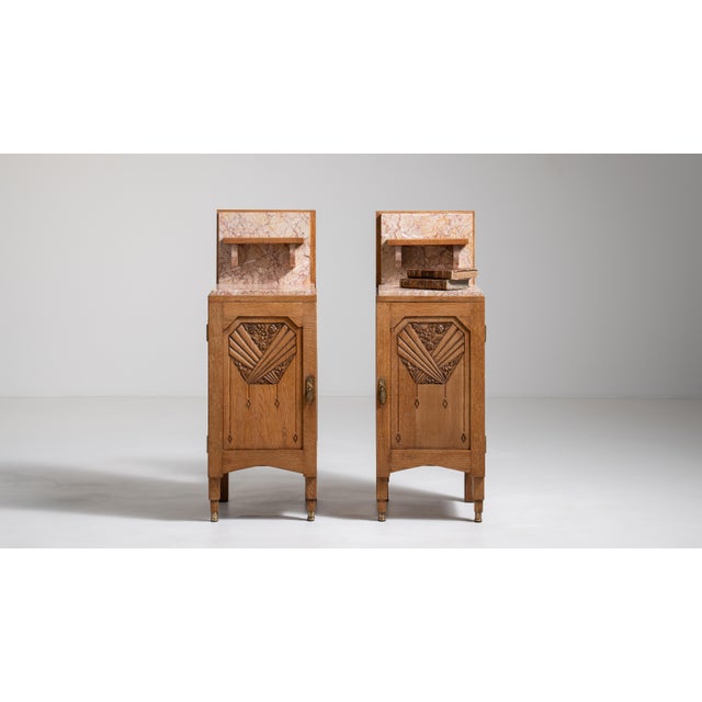 1910s Pair Of Art Noveau Side Tables With Marble Tops And Carved Panels For Sale - Image 11 of 17