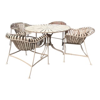 Woodard Strap Iron Patio Set, Winter Beige Powder Coated, 5 Pieces For Sale