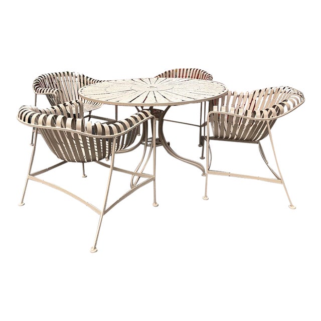 Woodard Strap Iron Patio Set, Winter Beige Powder Coated, 5 Pieces For Sale