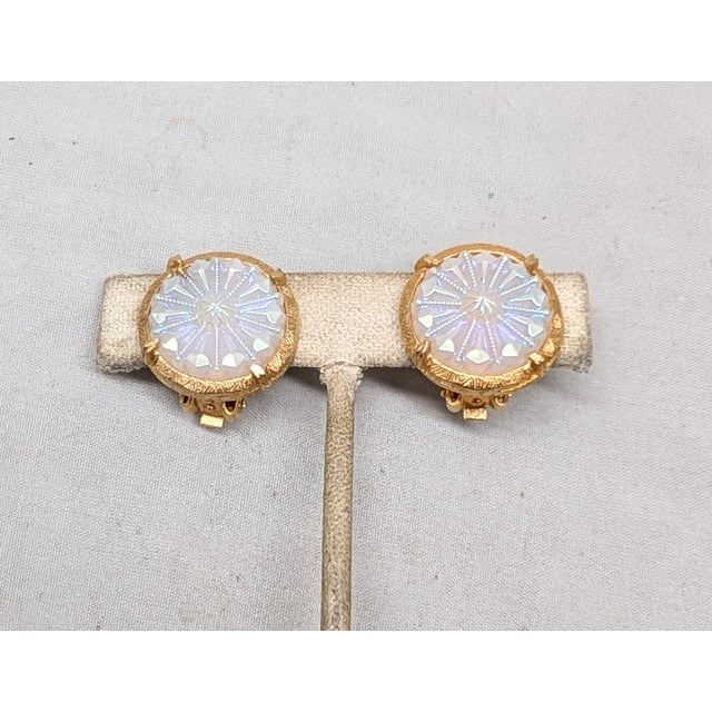Vintage 1960s Signed Hobe Round Goldtone Iridescent Rhinestone Clip Earrings-2 Pieces For Sale In Philadelphia - Image 6 of 7