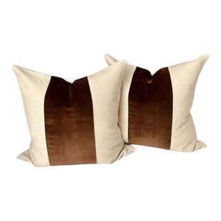 Custom Oatmeal Linen & Chocolate Velvet Stripe Pillows - a Pair For Sale