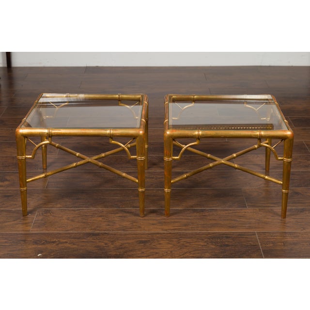 Pair of French Midcentury Gilt Faux Bamboo Drinks Tables with Glass Tops For Sale - Image 4 of 12