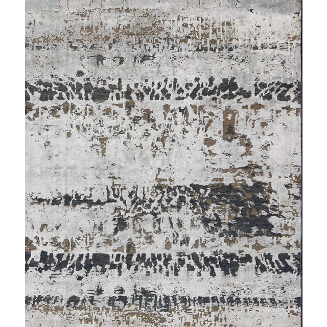 Modern Hand-Knotted Rug in Wool With All-Over Modern Design in Ivory, Brown, Gray and Blue For Sale - Image 4 of 11