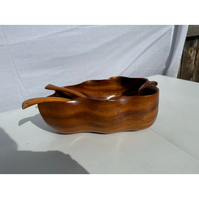 Vintage Teak Oak Leaf Salad Bowl With Tongs For Sale - Image 6 of 11