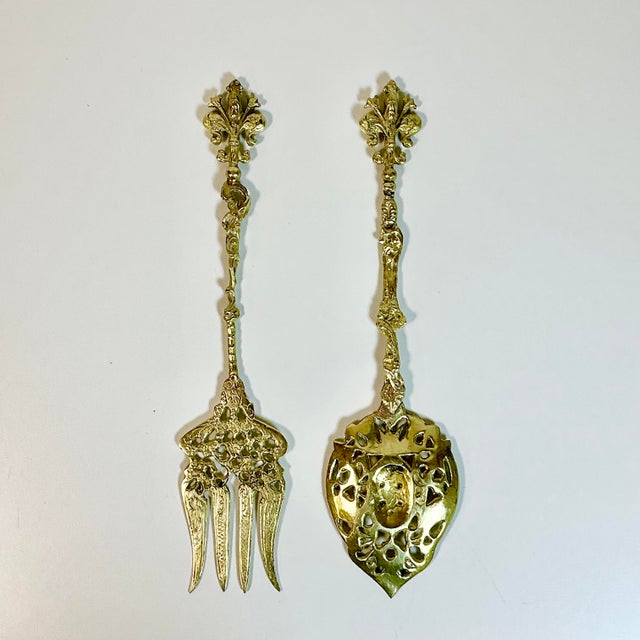 1940s 1940s Vintage Italian Baroque Rocco Brass Serving Utensils, Meat Fork and Spoon - Set of 2 For Sale - Image 5 of 12