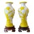 Pair of Mid-Century Peking Glass Vases With Carved Yellow Floral and Butterfly Motif | Chinese Overlay Glass on Wood Stands For Sale