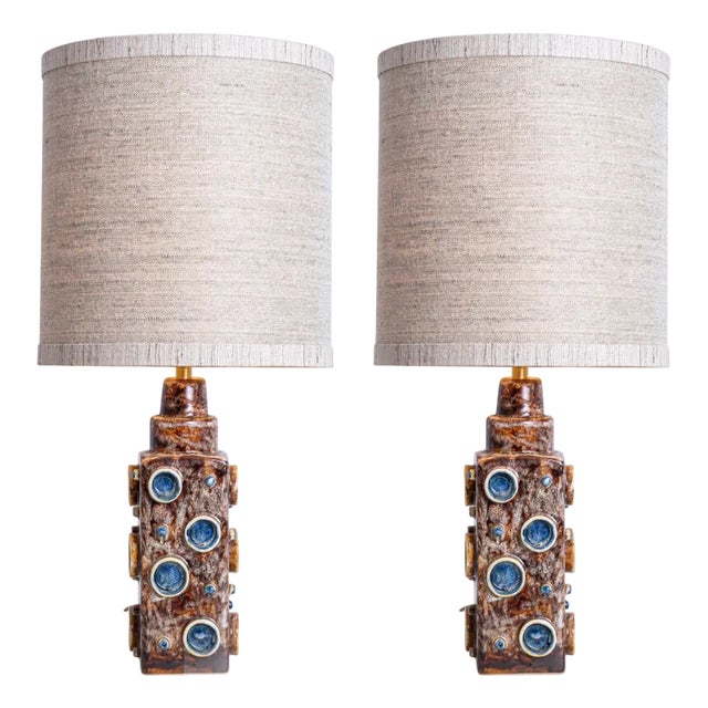 Blue and Brown Lamps from Soholm with Silk Lampshades by René Houben, 1960s, Set of 2 For Sale