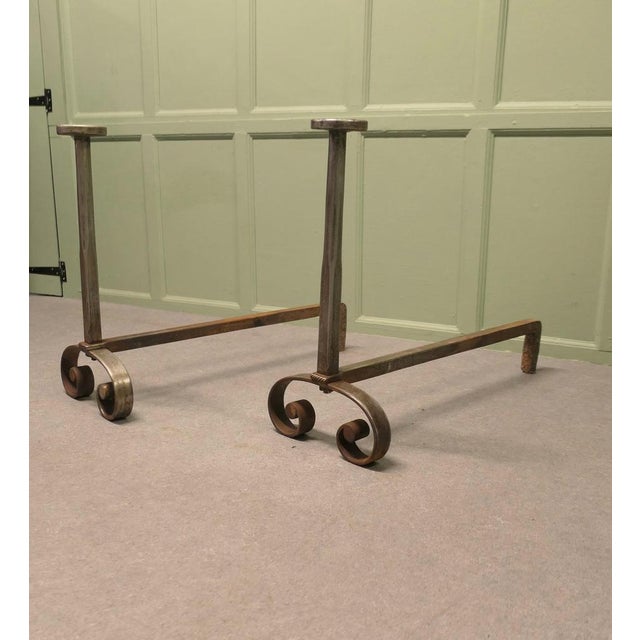 Metal Large Heavy Iron Andirons and Fire Grate, Set of 3 For Sale - Image 7 of 8
