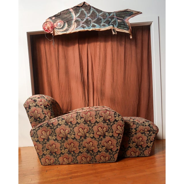 Vintage upholstered chaise lounge featuring a streamlined late 20th century silhouette with rolled rectangular arms and an...