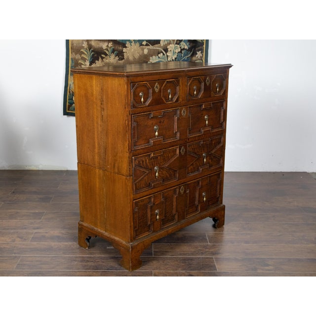 Brown English George III Period 1800s Oak Two Part Geometric Front Five Drawer Chest For Sale - Image 8 of 12