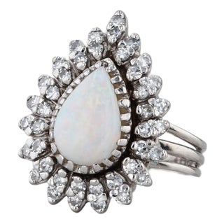 Vintage Pear Opal Diamond Halo Ring 14k White Gold Size 6-6.25 Cocktail For Sale
