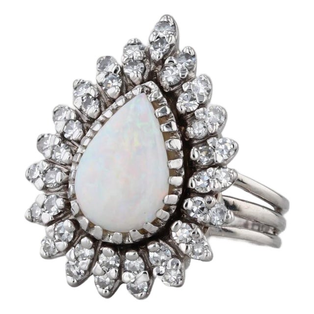 Vintage Pear Opal Diamond Halo Ring 14k White Gold Size 6-6.25 Cocktail For Sale