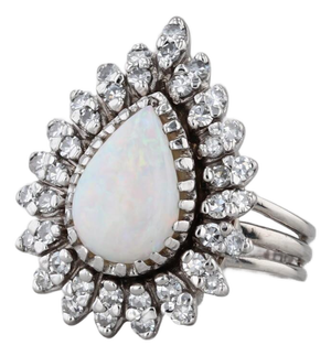 Vintage Pear Opal Diamond Halo Ring 14k White Gold Size 6-6.25 Cocktail