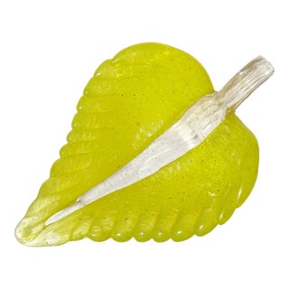 Murano Italian Art Glass Bright Yellow Gold Flecks Leaf Shape Decorative Jewelry Trinket Dish For Sale