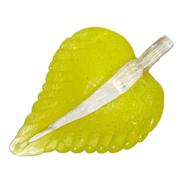 Murano Italian Art Glass Bright Yellow Gold Flecks Leaf Shape Decorative Jewelry Trinket Dish For Sale